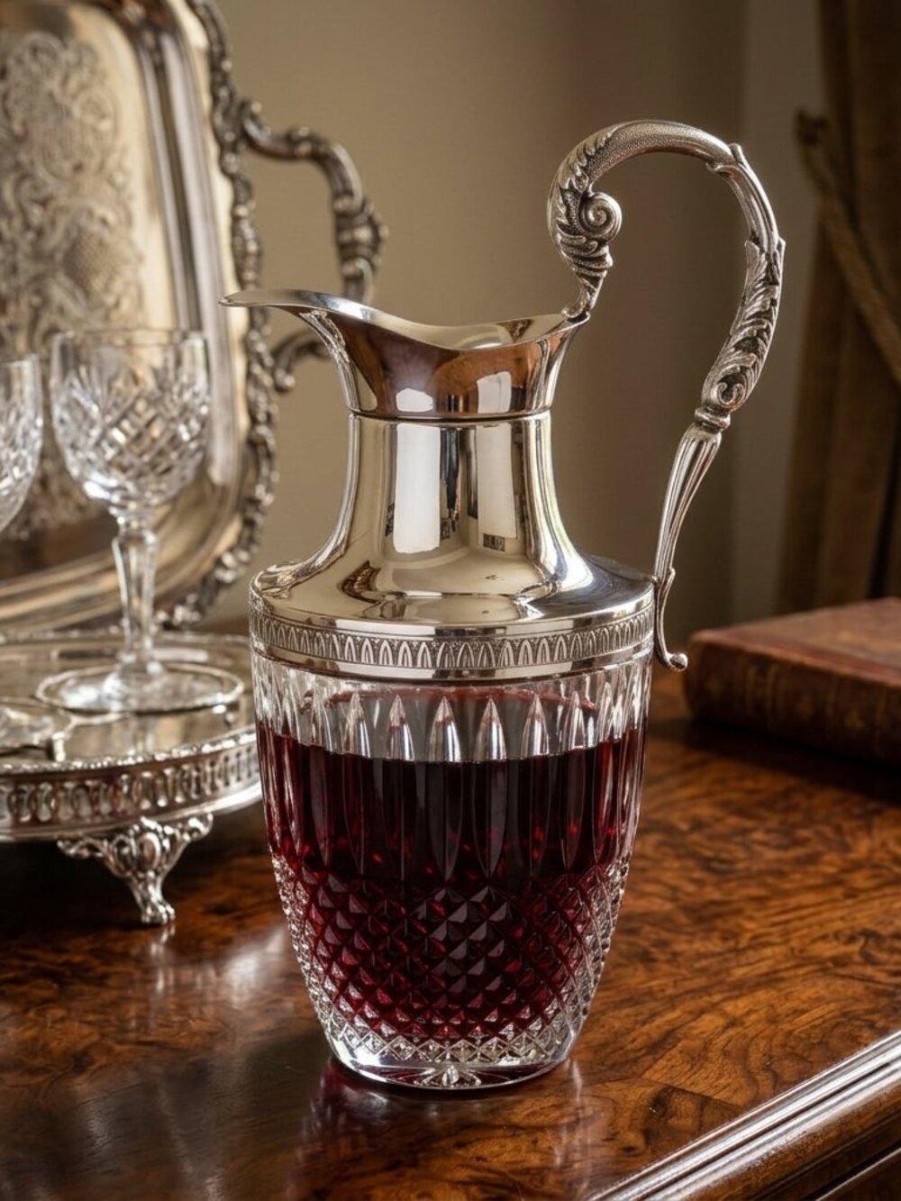 Vintage Cut Crystal Claret Jug Pitcher with Silver Plated Top & Ornate Handle